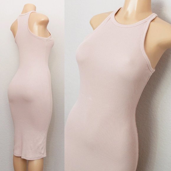 Zara Dresses & Skirts - Zara High Neck Sleeveless Midi Dress Stretch Ribbed Knit Bodycon Blush Nude M